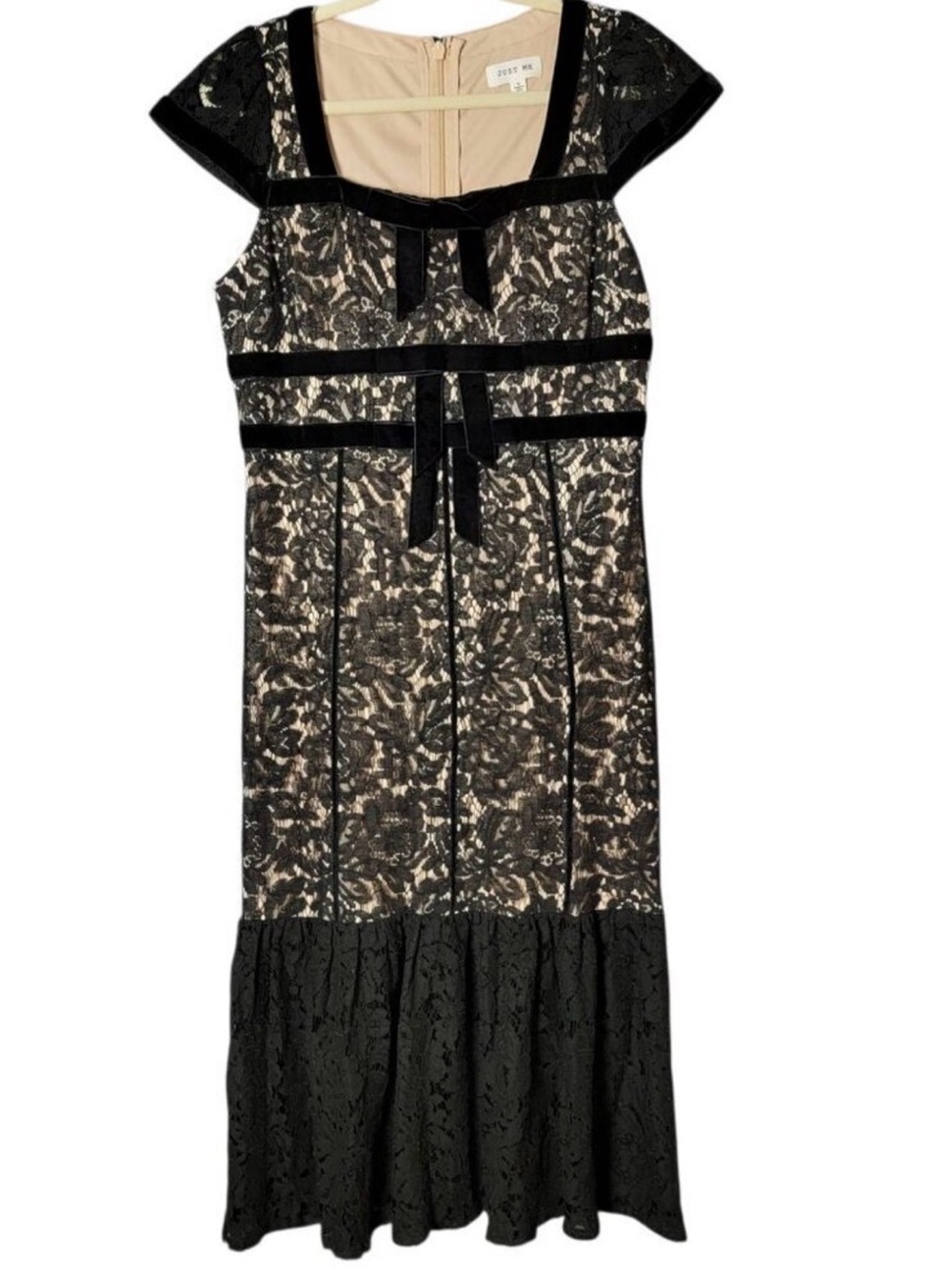 Just Me Black Lace Midi Dress with Nude Underlay